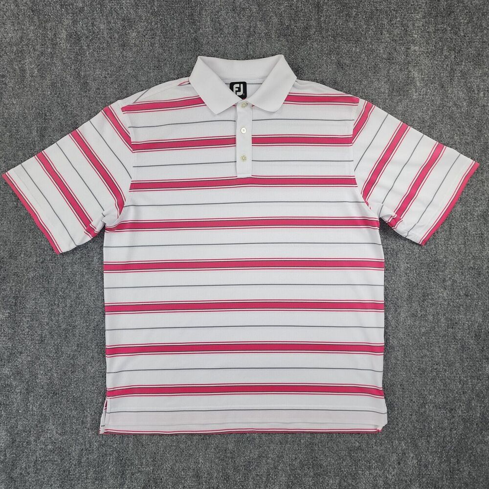 FootJoy Shirt Mens Large White Pink Striped Polo FJ Golf Short Sleeve Stretch